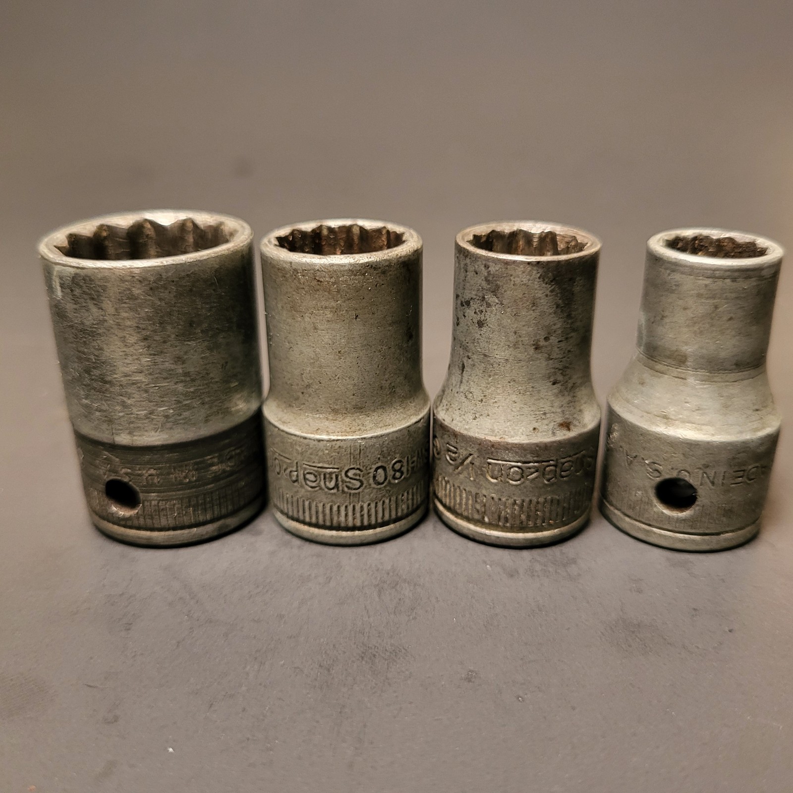 Snap On WW2 1945 G date code 1/2” drive sockets 4 pieces 3/4” 9/16” 1/2” 7/16”