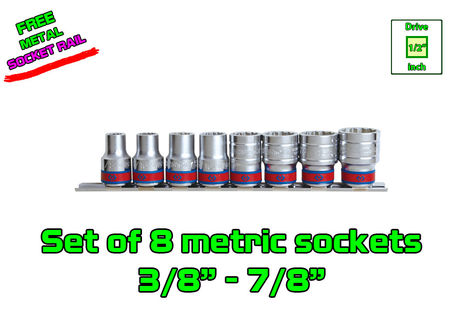 Set of 8 pcs 1/2” Drive 6 Point SAE Imperial Inch Standard Socket 6pt 1/2 inch