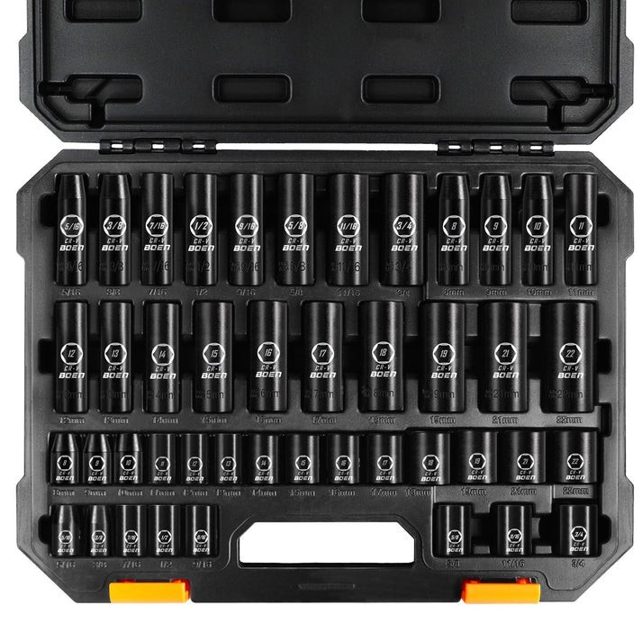 44Pc 3/8″ Drive Impact Socket Set SAE/Metric Standard+Deep 6-Point CR-V Wrench