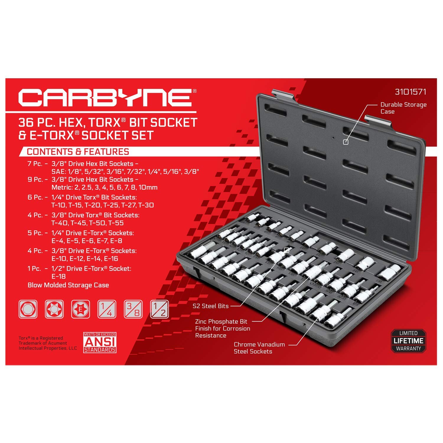 CARBYNE 36 Piece Hex, Torx Bit Socket & E-Torx Socket Set, S2 Steel | 1/4″, 3…