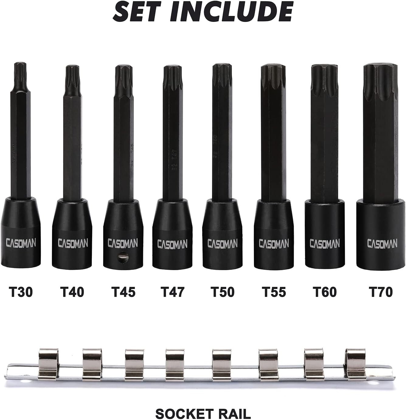 CASOMAN 8 Piece 3/8” Drive Extra Long Torx Star Bit Socket Set, Variety Pack