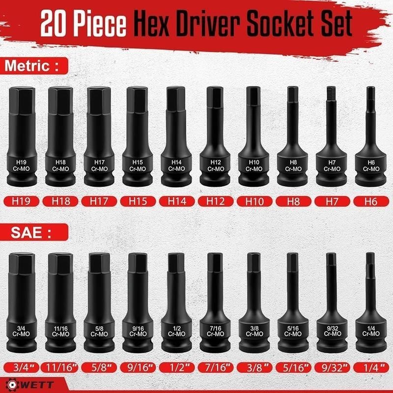 1/2″ Drive Master Impact Hex Bit Set 20 Piece Hex Driver Socket Set SAE & Metric