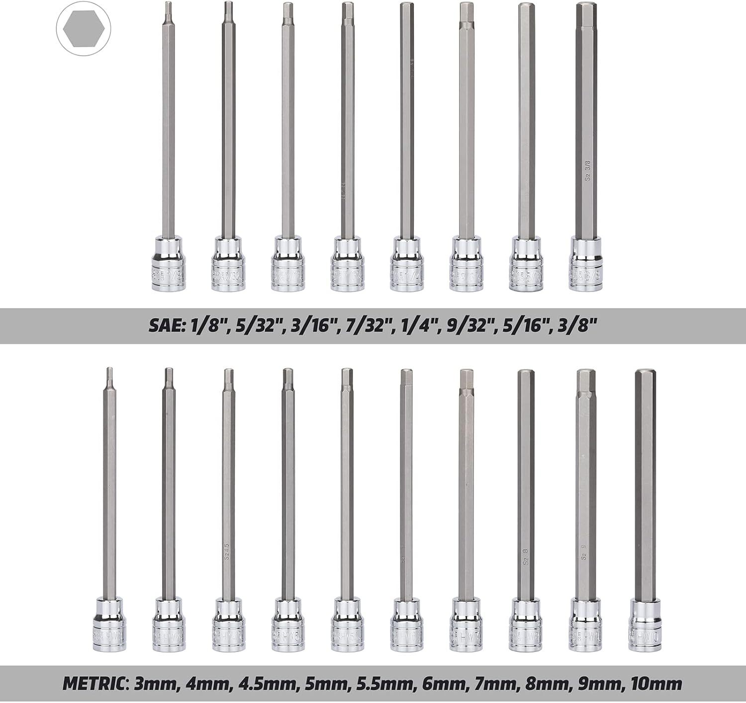 18piece 3/8 Inch Drive Extra Long Allen Hex Bit Socket Set Sae & Metric 1/83/8