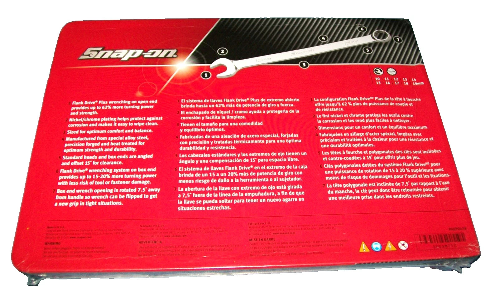 Snap-On 10-piece metric flank drive plus combination wrench set 10-19mm soexm710