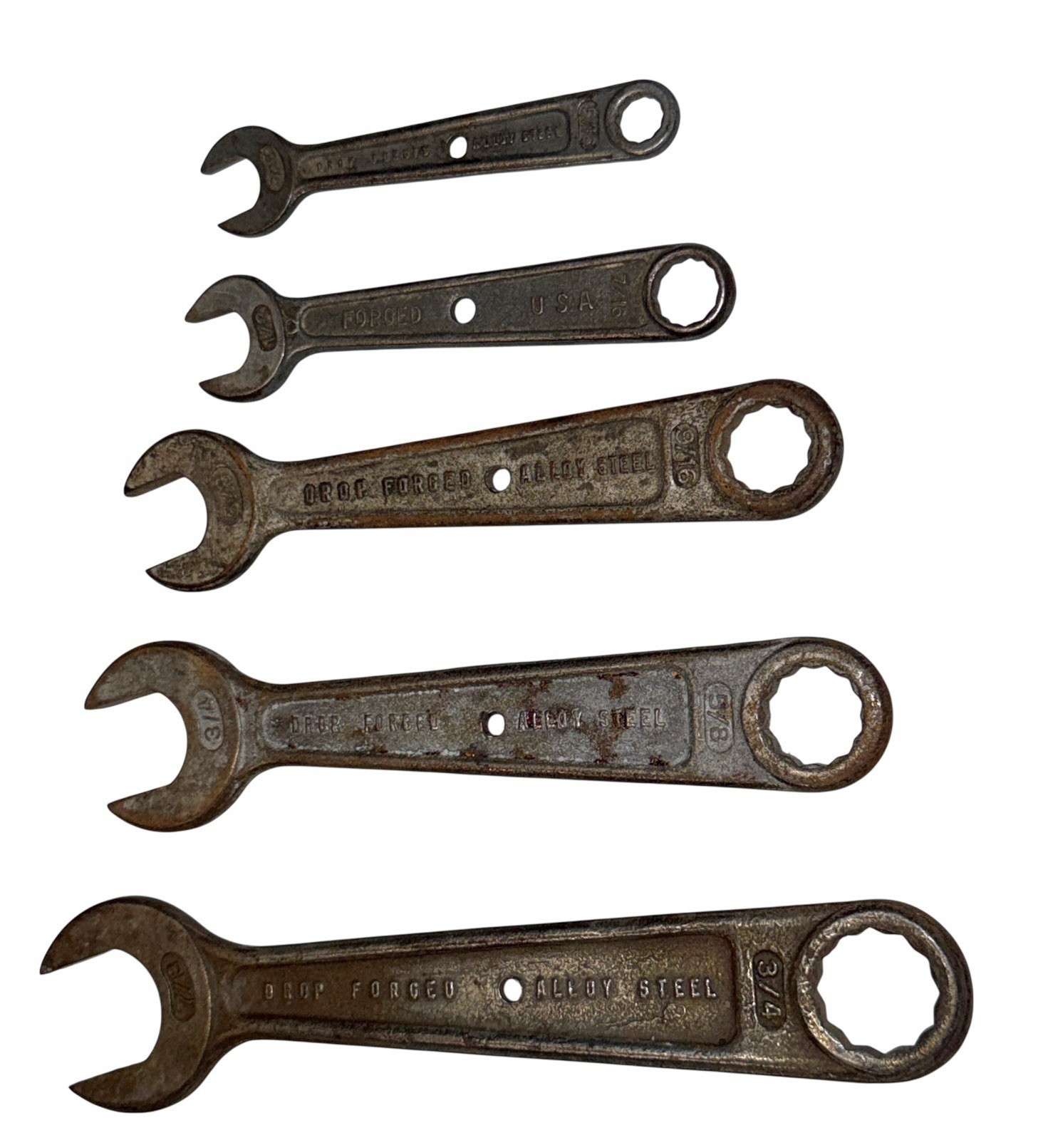 Antique USA Combination Wrench Lot SAE 3/8 7/16 1/2 9/16 Forge Steel Tools
