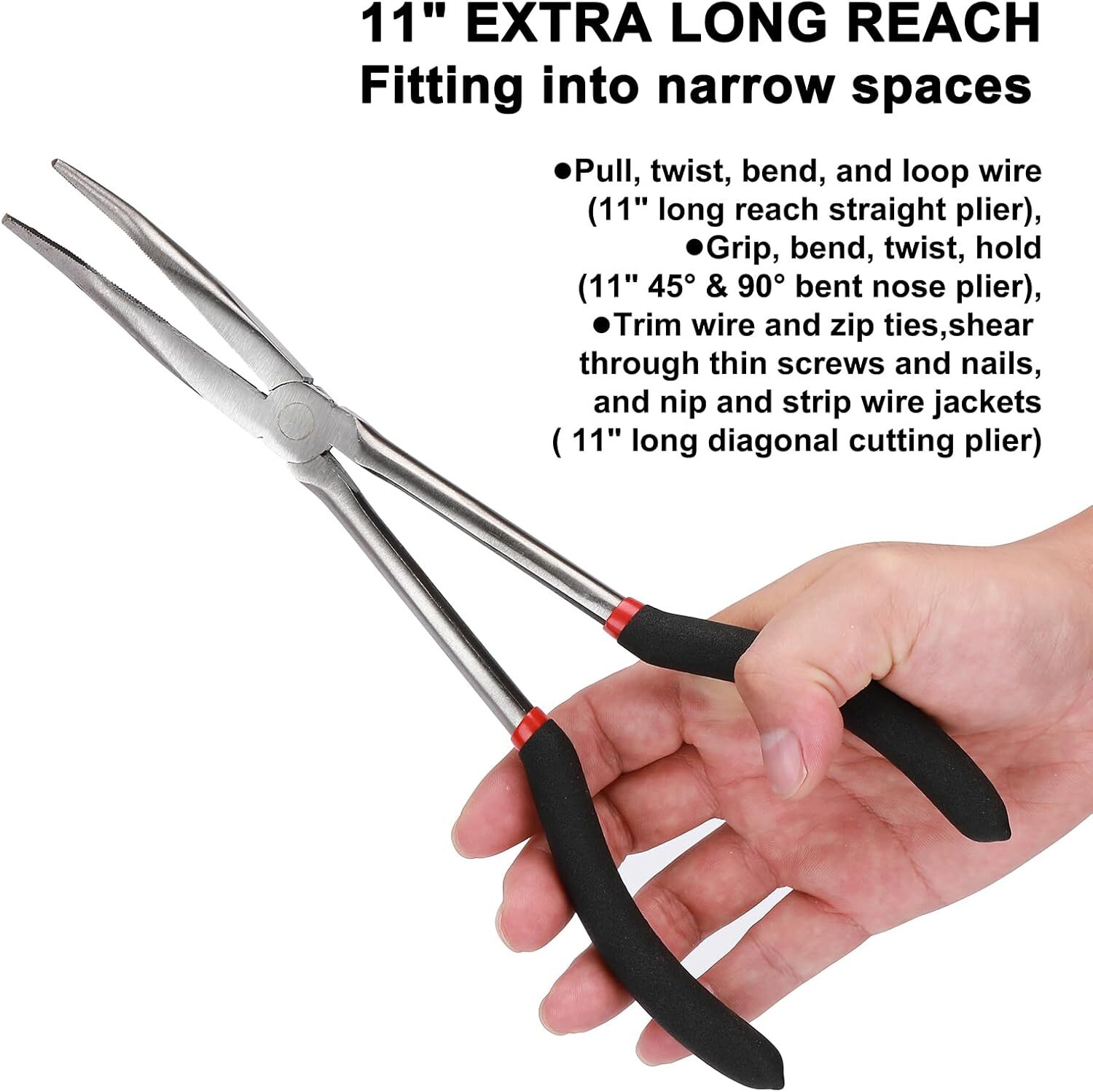 4PCS Long Reach Pliers Set-11″ Needle Nose 45 & 90 Bent Nose Diagonal Pliers