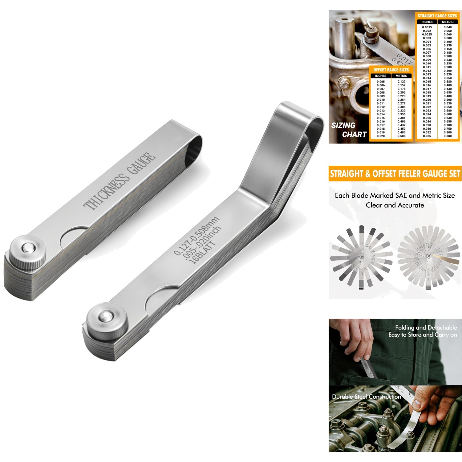 32 & 16 Blade Stainless Steel Feeler Gauge Set Valve Lash Spark Plug Gap Tool