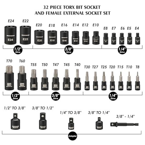 32 Piece Torx Bit Socket Set Star Bits E-Torx Sockets CR-V S2 Alloy Steel