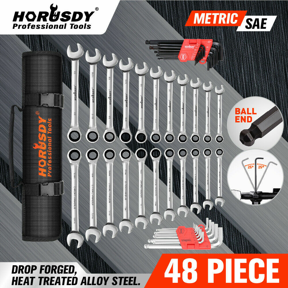 48Pcs Ratchet Spanner & Hex Wrench Set Ball End Allen Key SAE Metric Carry Pouch