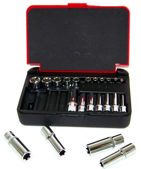 22 pcs 1/4″ & 3/8″ DR Female Torx Socket Star E4-E10 E11-E18 Deep Sockets w/case