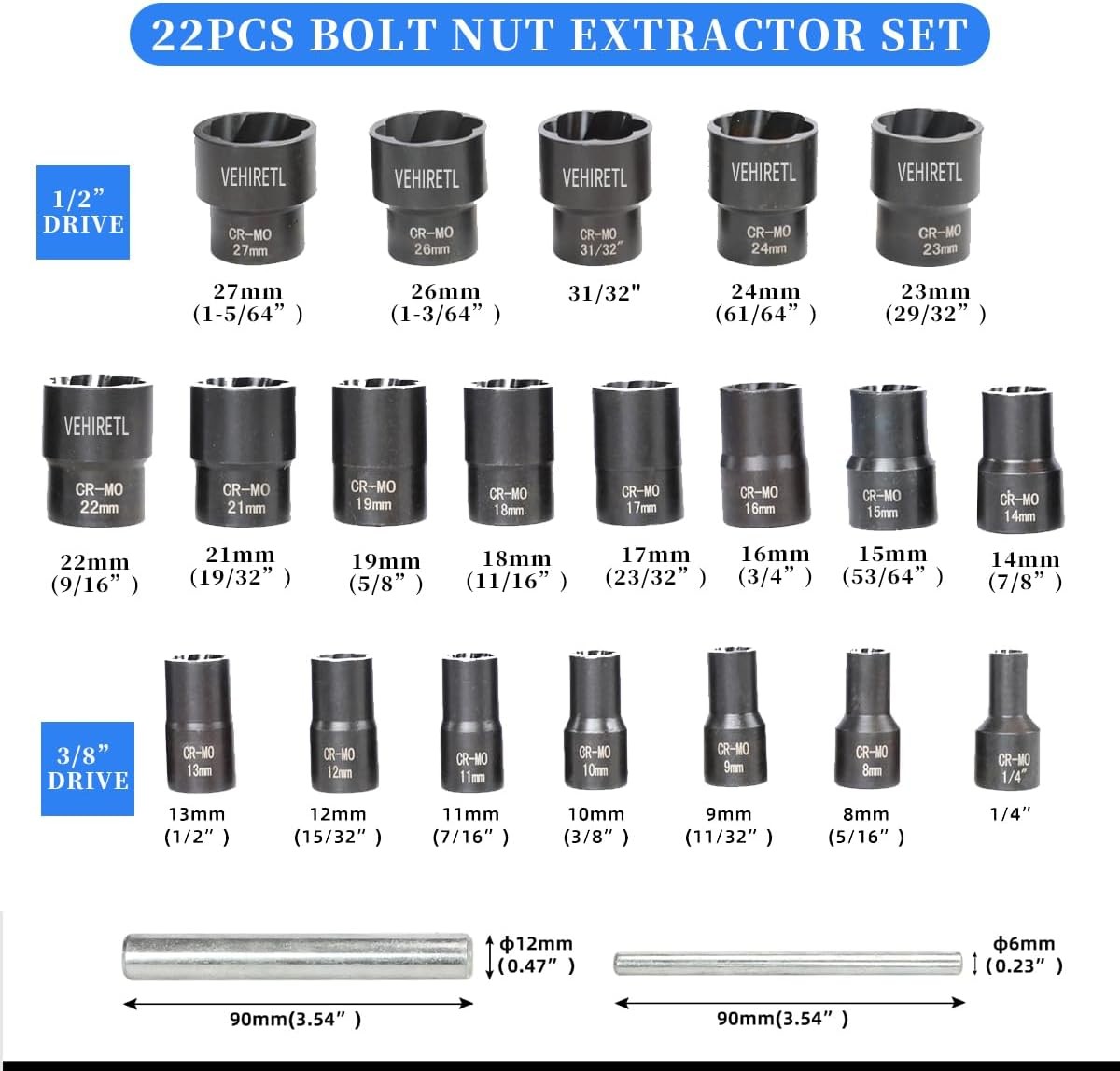 22pcs Bolt Nut Extractor Set Metric 8-27mm Impact Lug Removal Tool 1/2″ Black