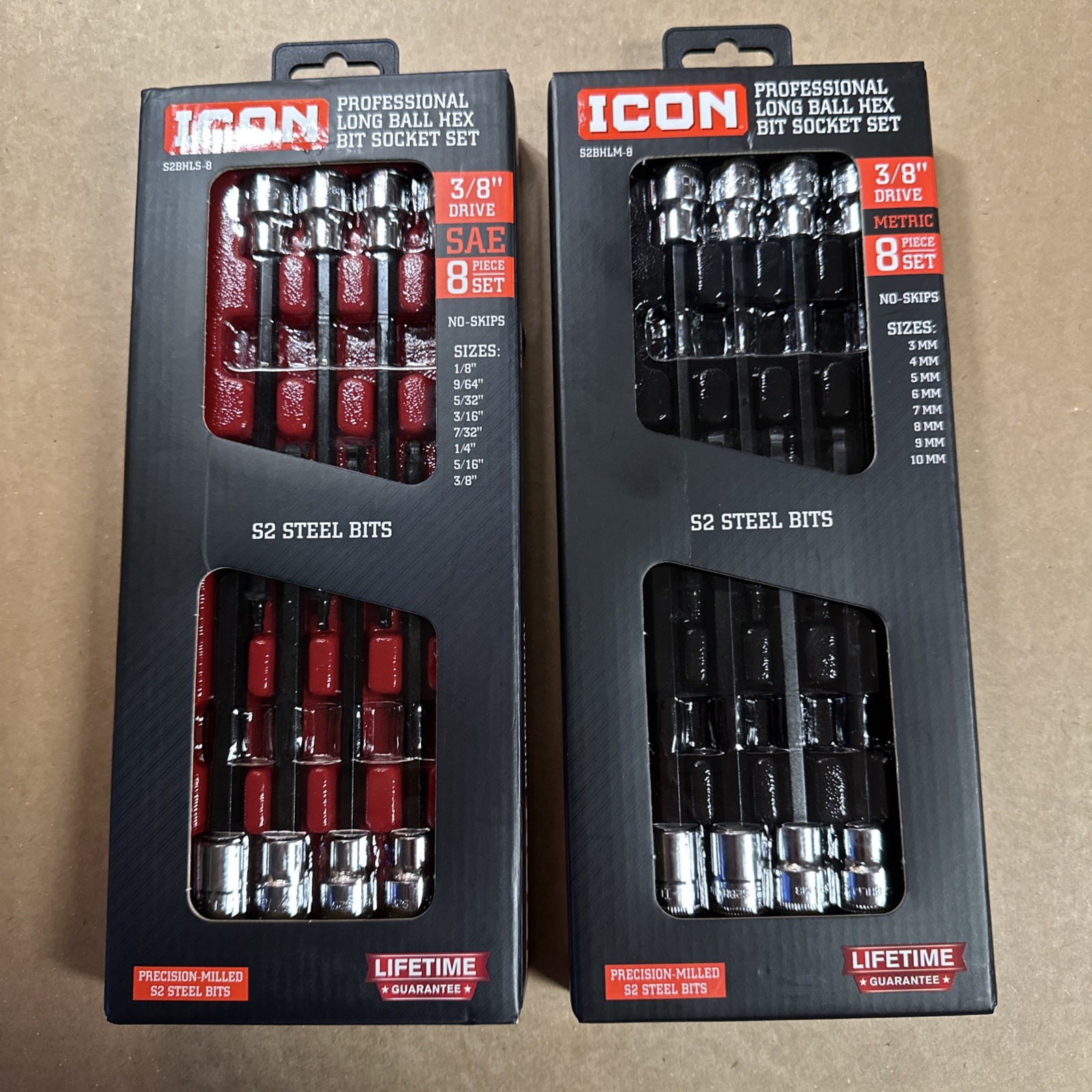 ICON 3/8 in. Drive SAE + METRIC Professional Long Ball Hex Bit Socket Set -2pk