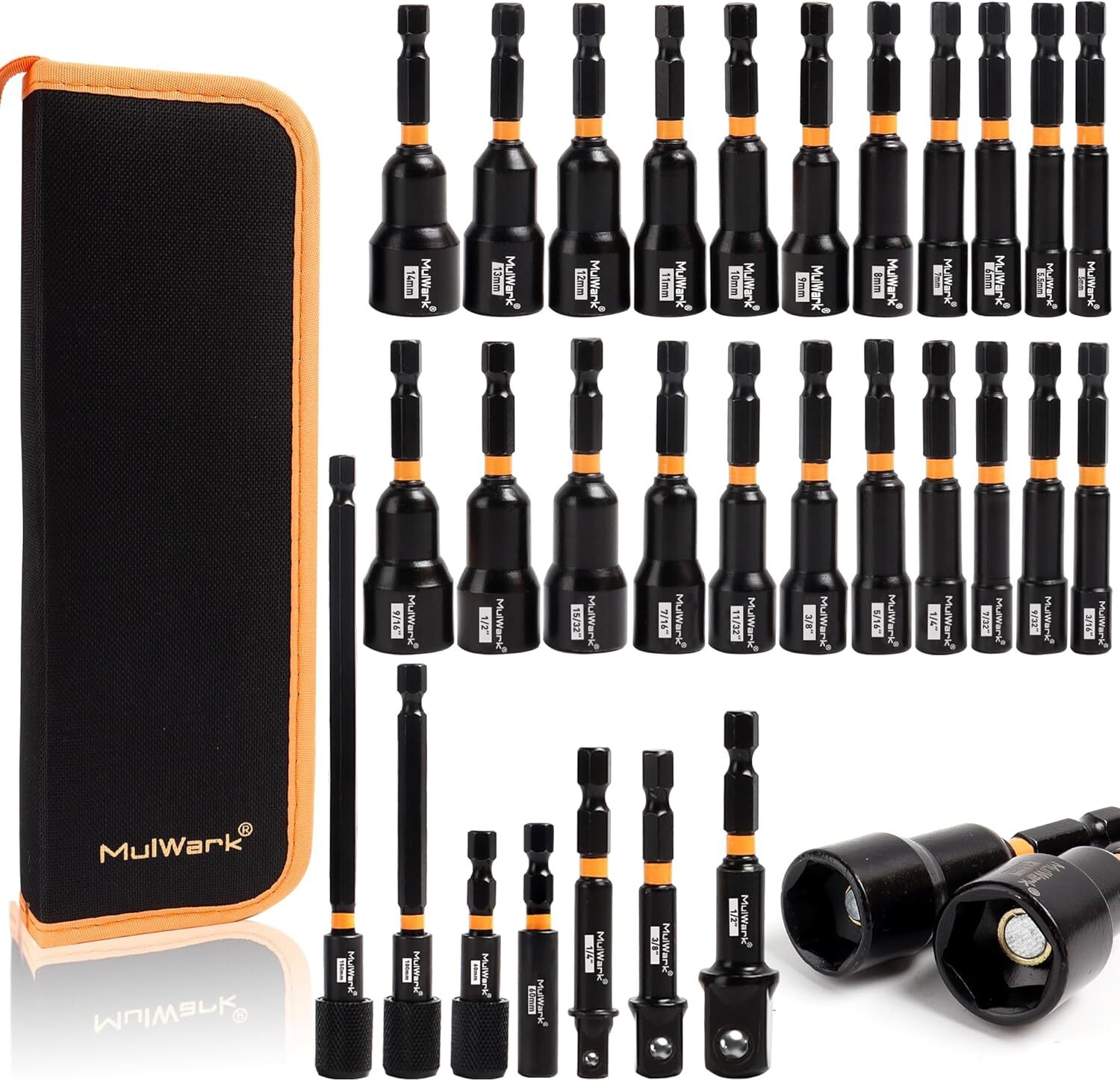 29 Piece Magnetic Nut Driver Set, Impact drill socket adapter, SAE, and Metric