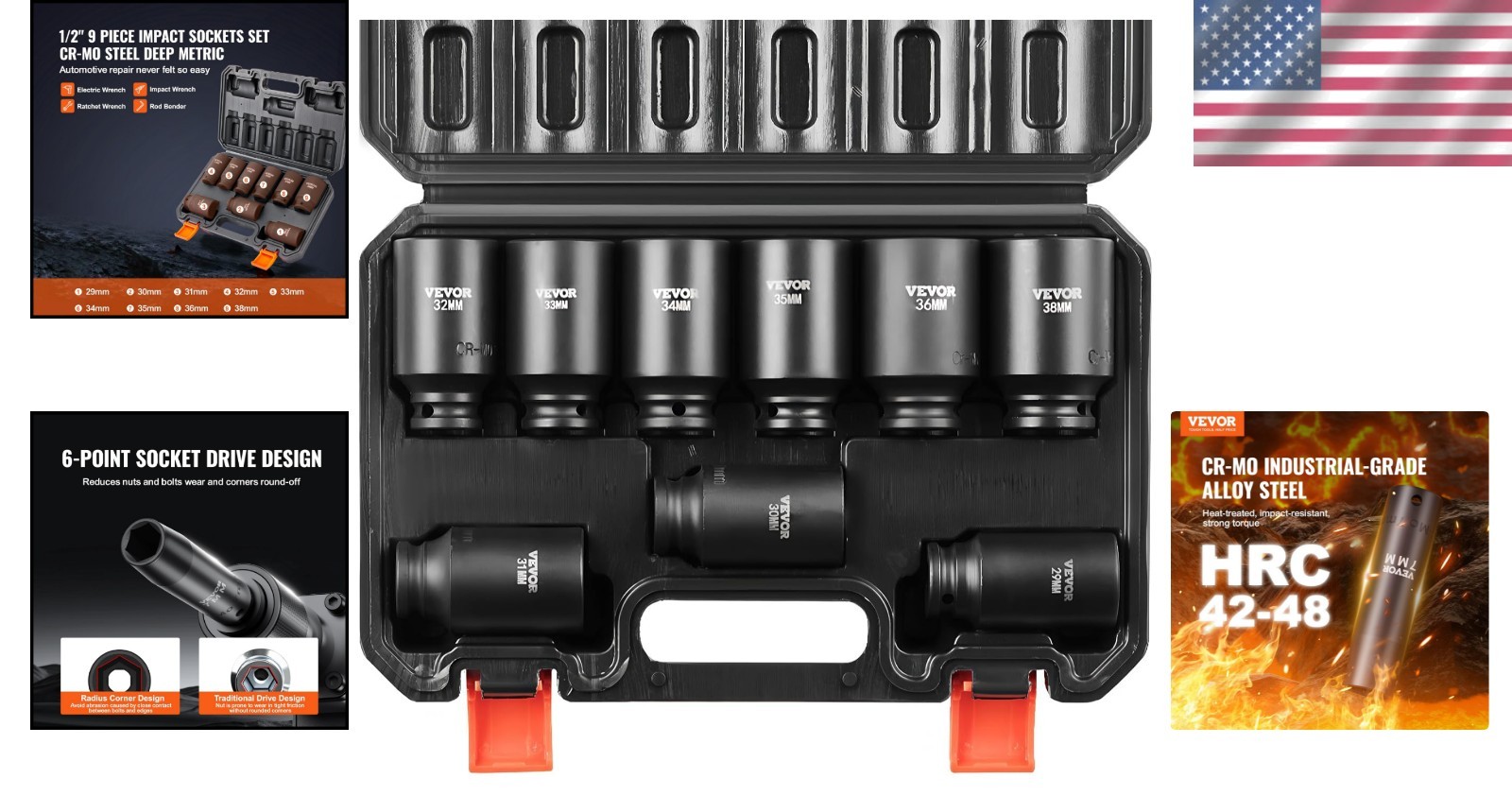 Durable 1/2″ Drive Cr-Mo Impact Socket Set – 9 Piece Metric Deep Tool Collection