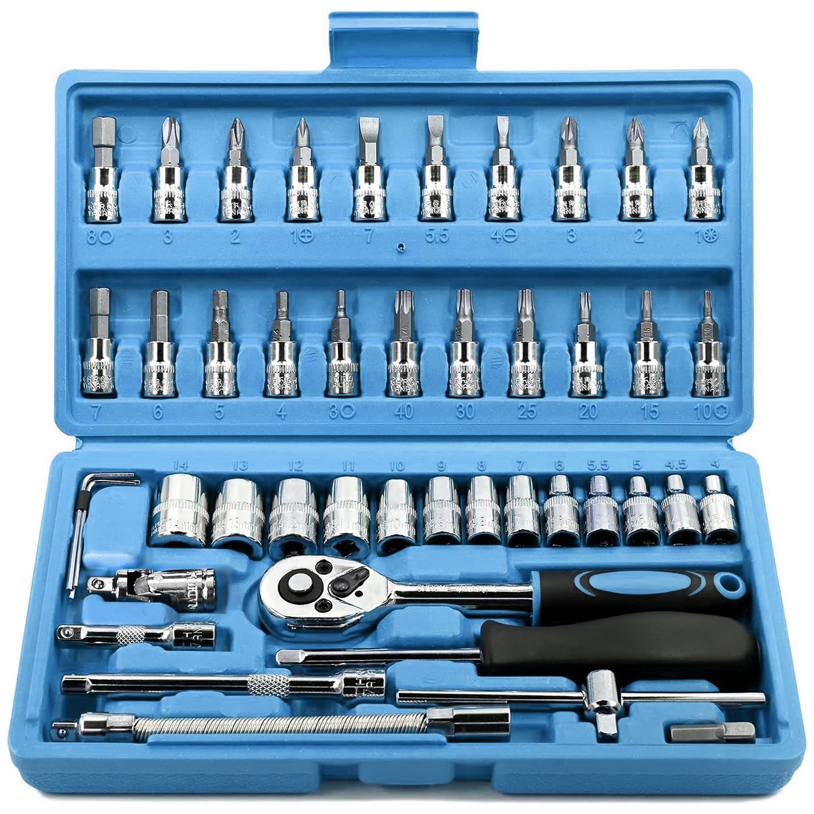 Egofine 46Pc 1/4″ Drive Socket & Ratchet Set Bit SAE Metric Blue Tool Kit
