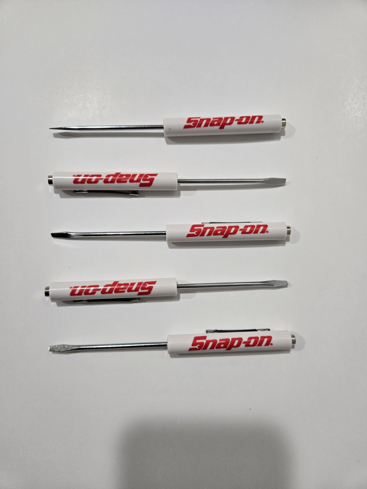 5 white Snap on tools screwdrivers per order . pocket screwdriver . magnet end