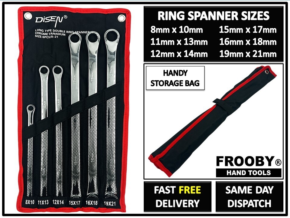 6PC PRO EXTRA LONG FLAT DOUBLE RING SPANNER SET 8mm-21mm LONG REACH WRENCH 23-72
