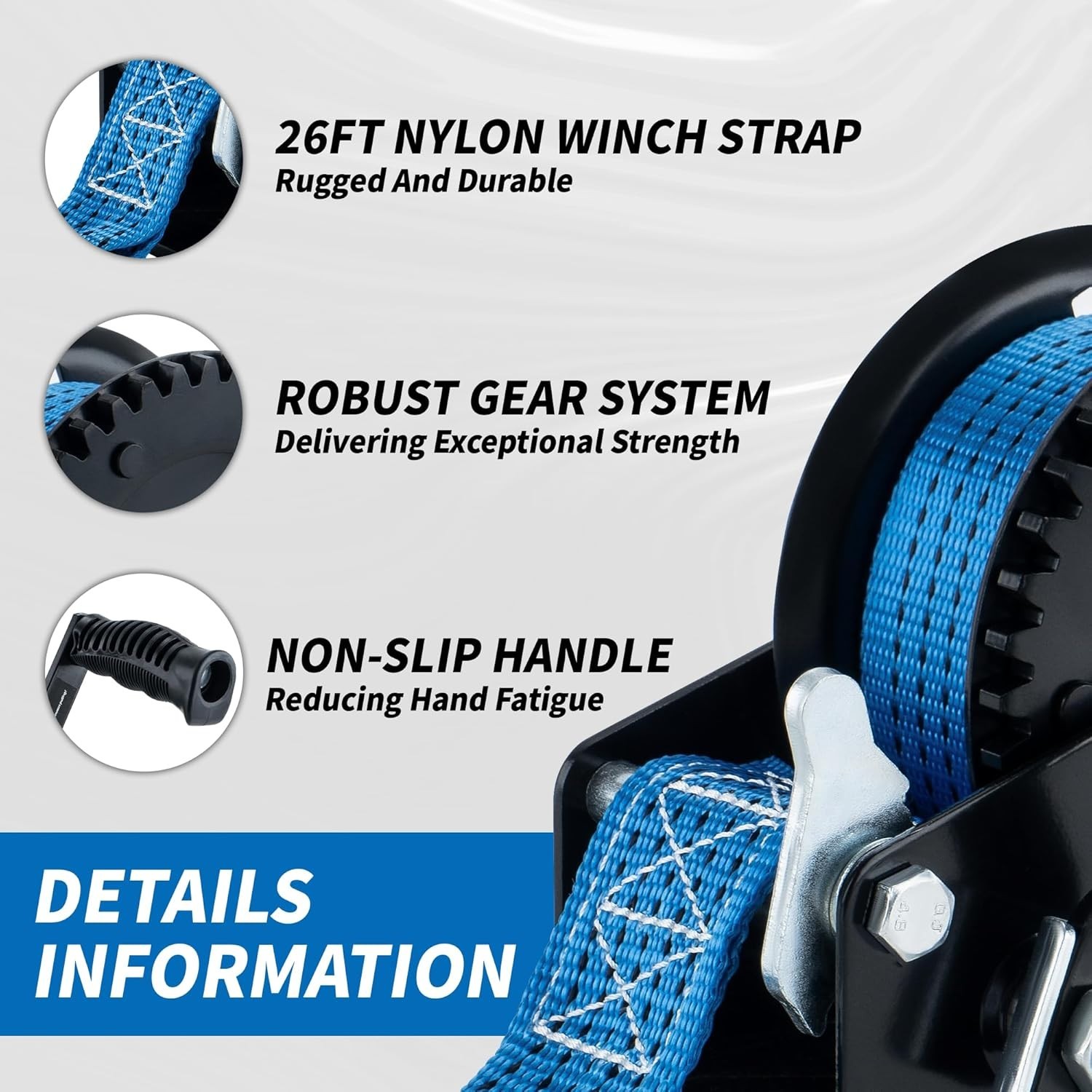 1600lbs Heavy Duty Boat Trailer Winch with 26FT Strap, 2-Way Ratchet & 4:1 Ge…