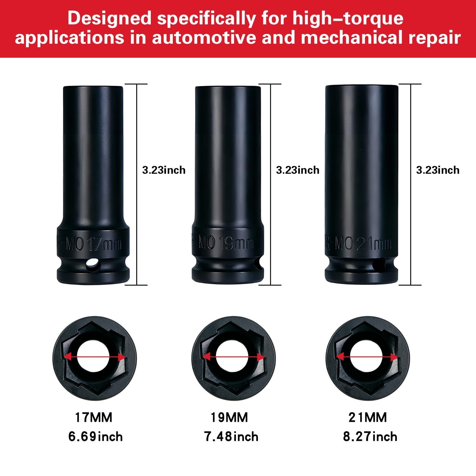 1/2″ Drive Impact Socket Set – 17mm, 19mm, 21mm Deep Hexagon Sockets, CR-MO Stee