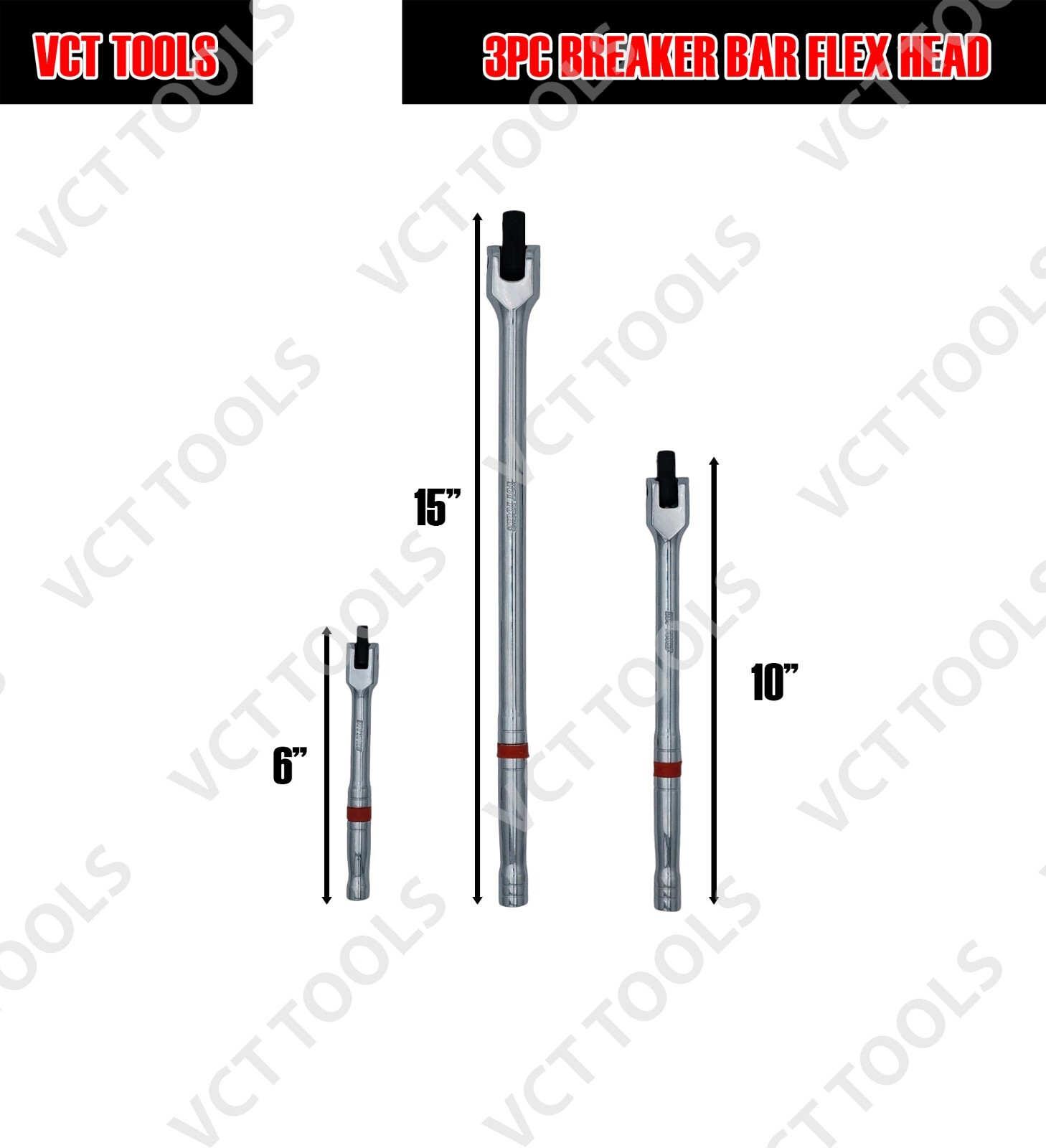 3pc Breaker Bar Set, 1/4», 3/8» & 1/2» Drive, Heavy Duty 6″, 10″, 15″ lengths