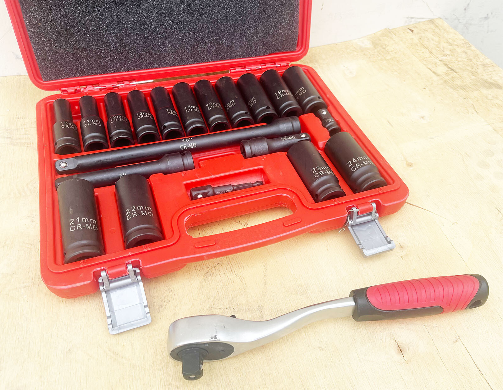 21PCS Metric 1/2″ Dr. Deep Impact Socket Set w/3 Extension Bars & Offset Ratchet