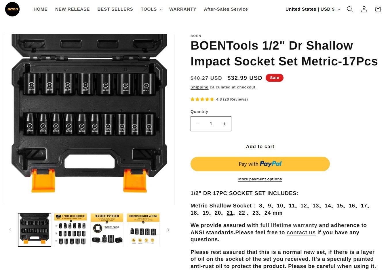 BOEN 17 PCS 1/2″ Dr Shallow Impact Socket Set Metric (8-24mm), 6-Point, CrVSteel