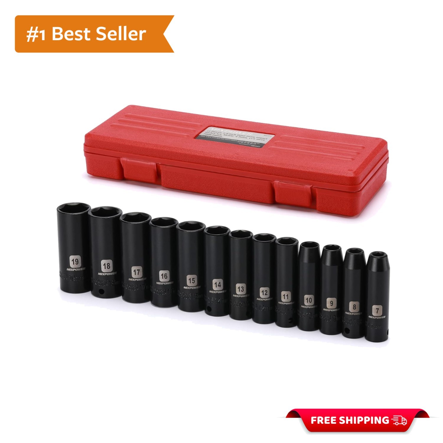 13 Pieces 3/8-Inch Drive Deep Impact Socket Set, 7mm to 19mm, CR-V, Metric, 6…