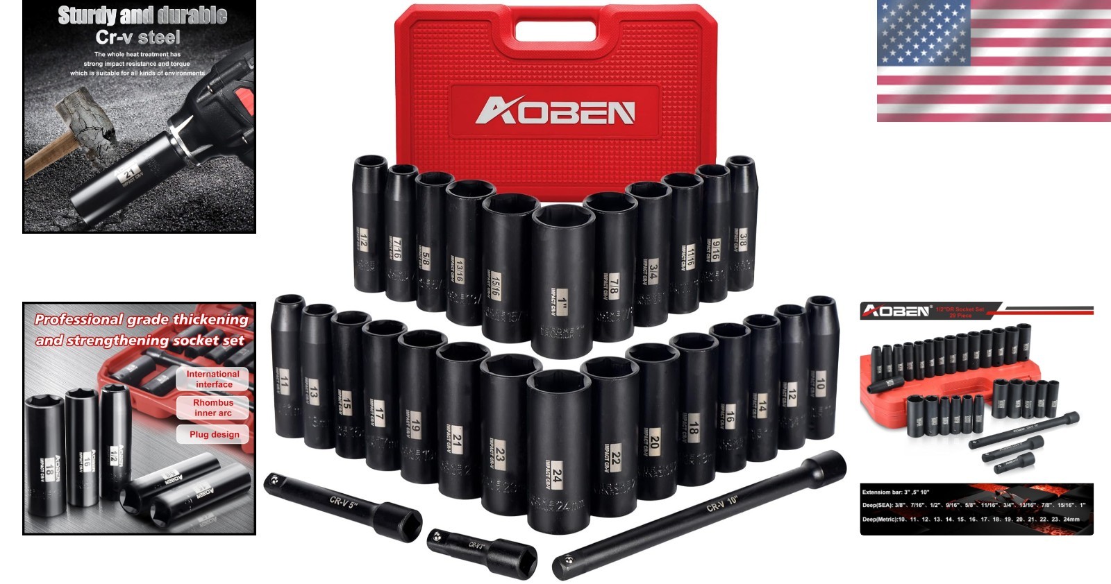29-Piece 1/2″ Drive Impact Socket Set, SAE/Metric, 6-Point