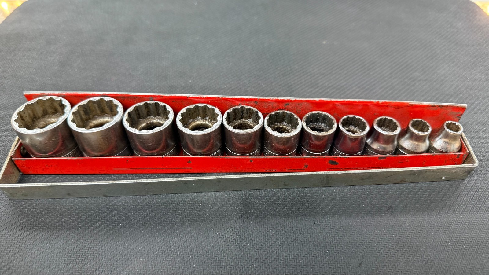 Snap On Socket Set F Series- W/ Vintage Metal Holder – 11 Sockets – LOT #2