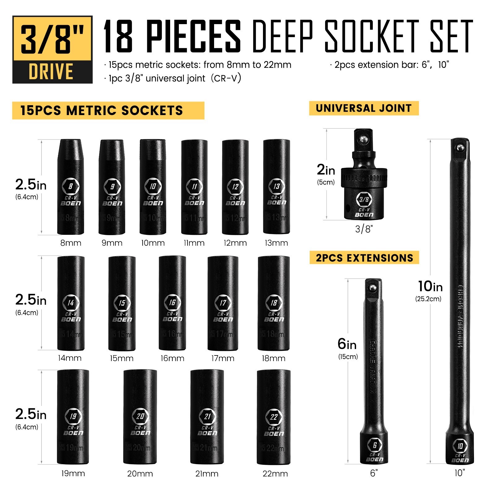 18Pcs 3/8 Inch Drive Deep Impact Socket Set,Metric 8-22mm, 6″,10″ Extension Bars