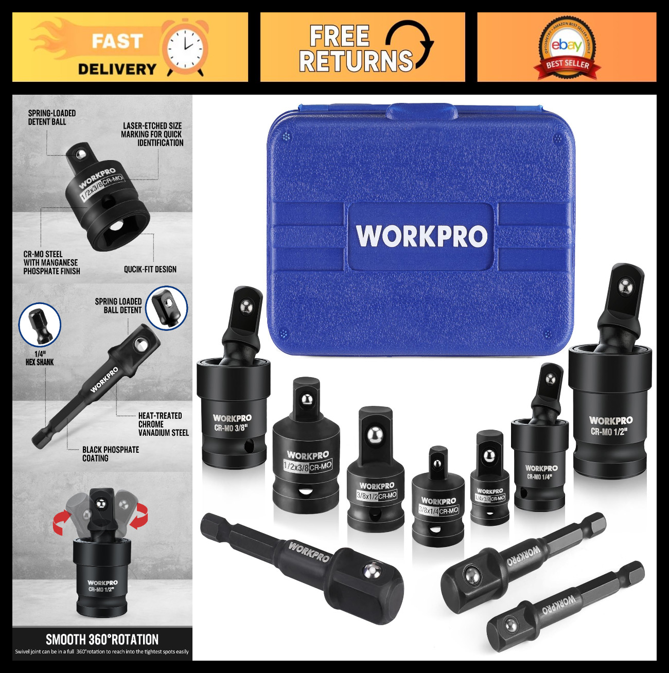 10-Piece Impact Socket Adapter Set with Case, CR-MO Steel, Universal Joints & Ex