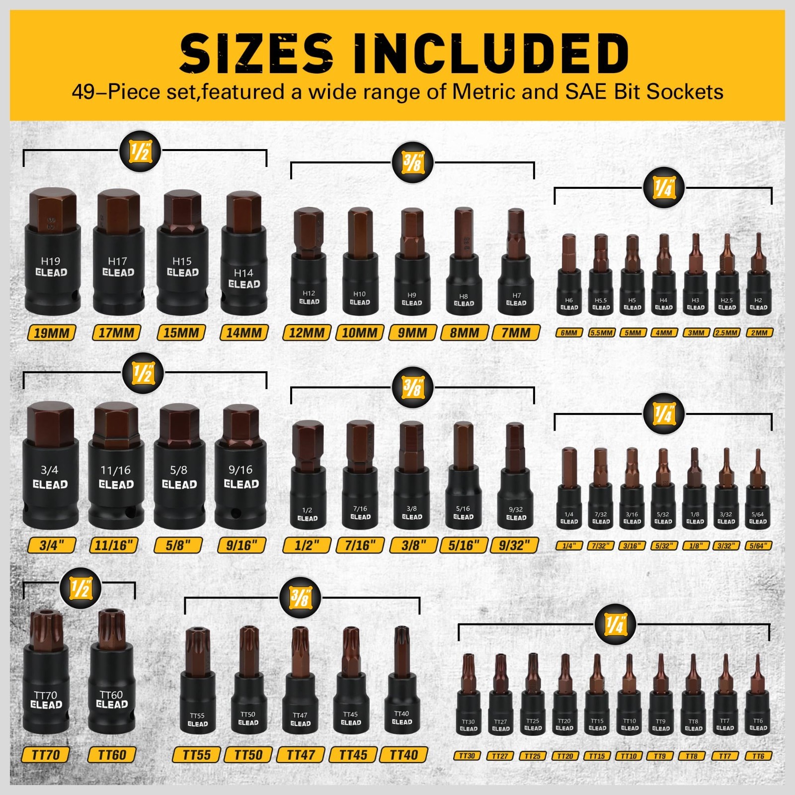 66-Piece Torx & Hex Bit Socket Set, CR-V & S2 Steel, T8-T70 E4-E24, High Torque