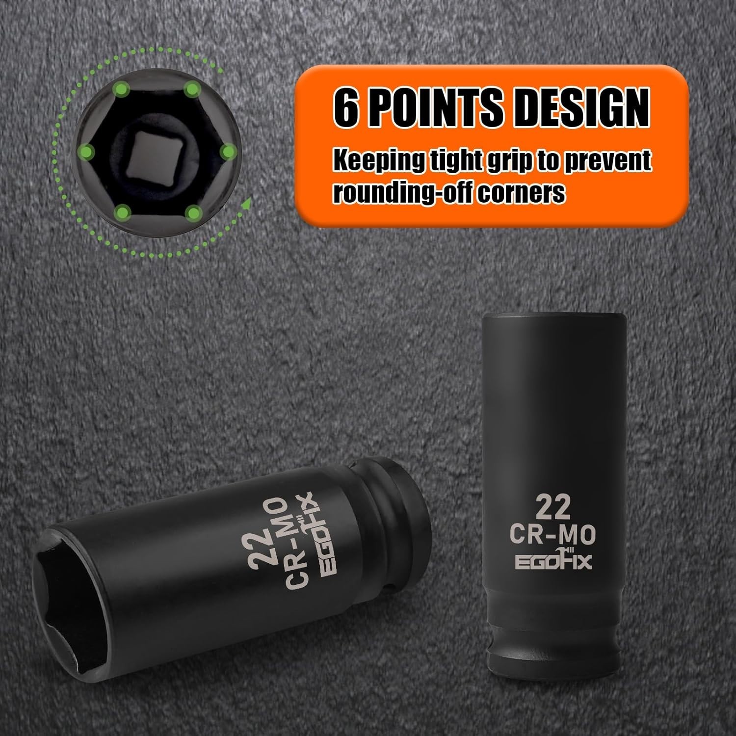 EGOFIX 22mm Socket 1/2″ Drive Deep Impact Metric Socket,CR-MO 22mm,