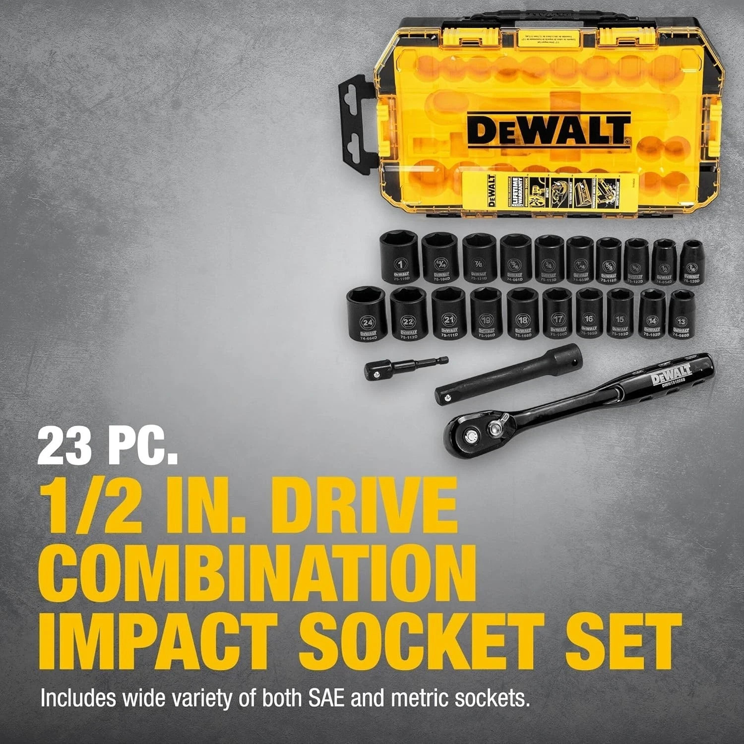 DEWALT 23-Pc Impact Socket Set w/Ratchet 1/2″ Drive Metric & SAE (DWMT74739)