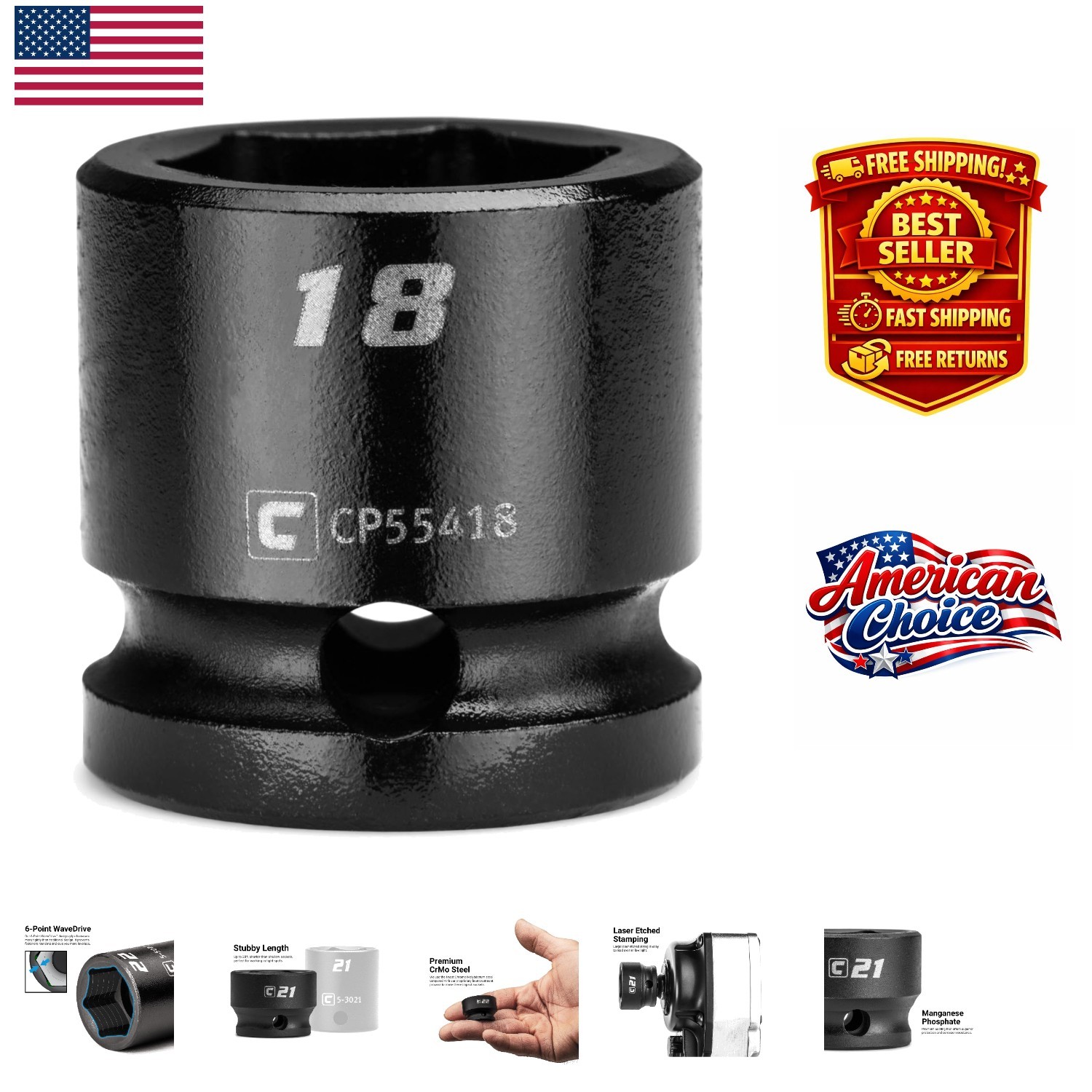 18 mm Stubby Impact Socket – Manganese Phosphate Coated for Durability