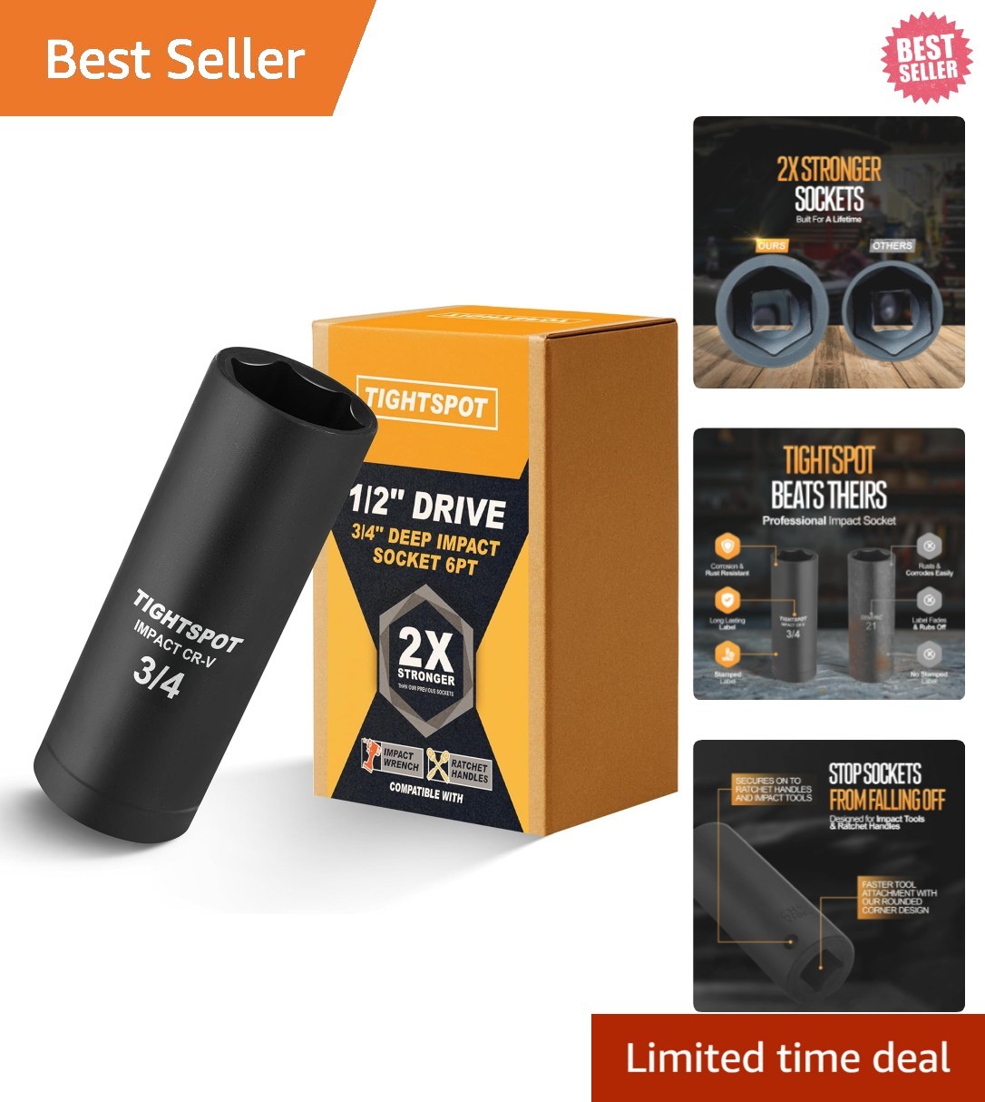 3/4 Inch Deep Impact Socket, 1/2 Inch Drive, Heat-Treated CRV Steel Construction