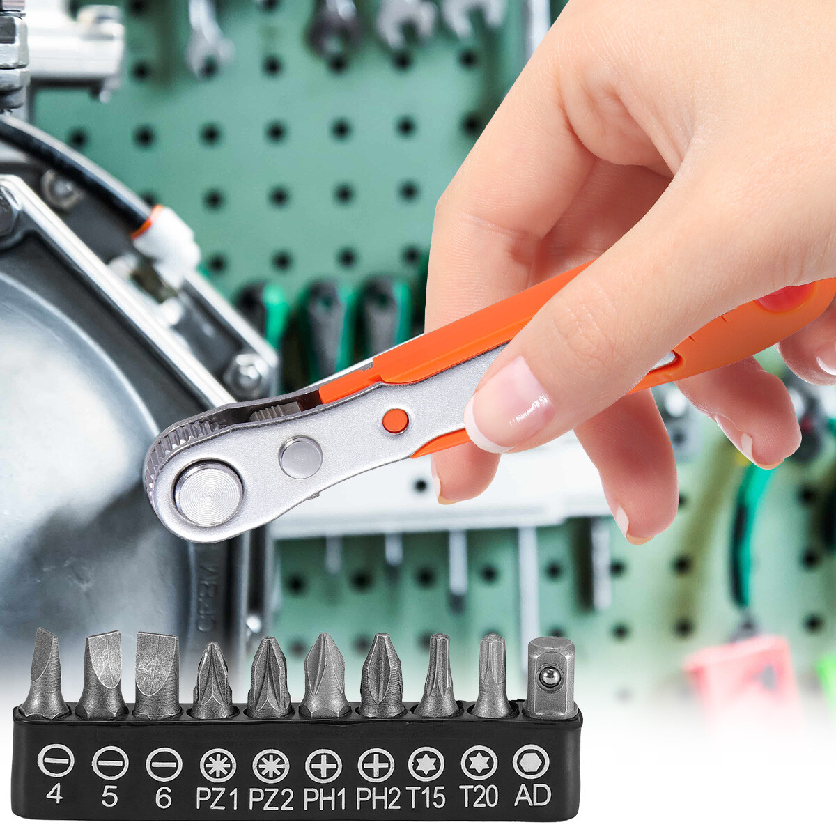 Ratcheting Right Angle Screwdriver Hex Drive 90 Degree Offset + 10pc Bits Set US