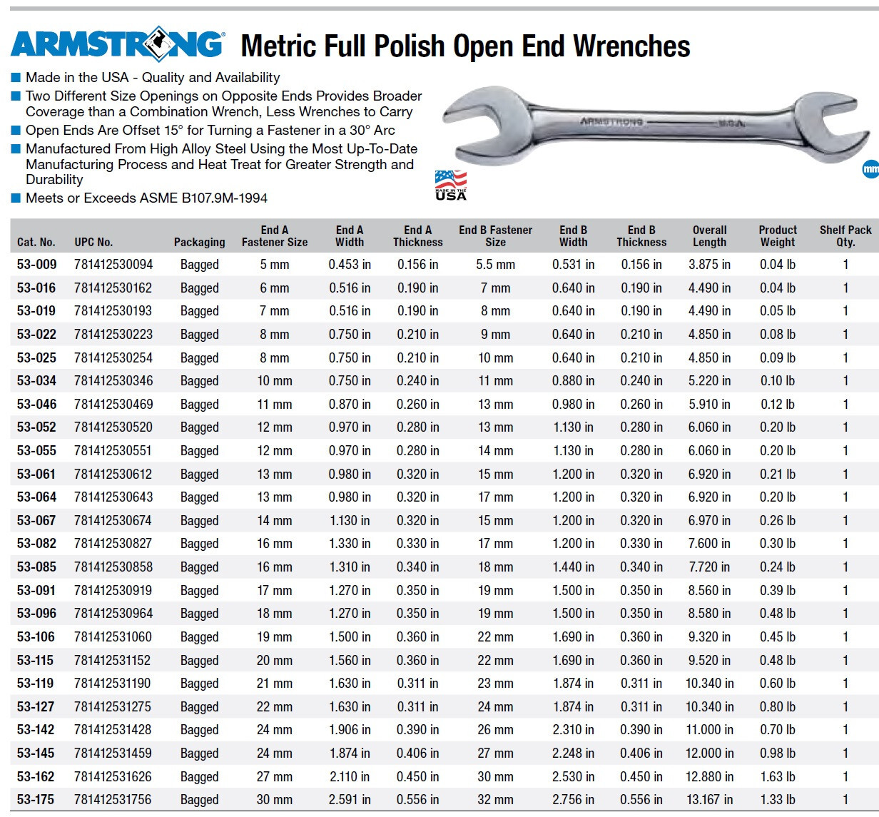 Armstrong 53-067 – 14mm X 15mm Full Polish Open End Wrench USA