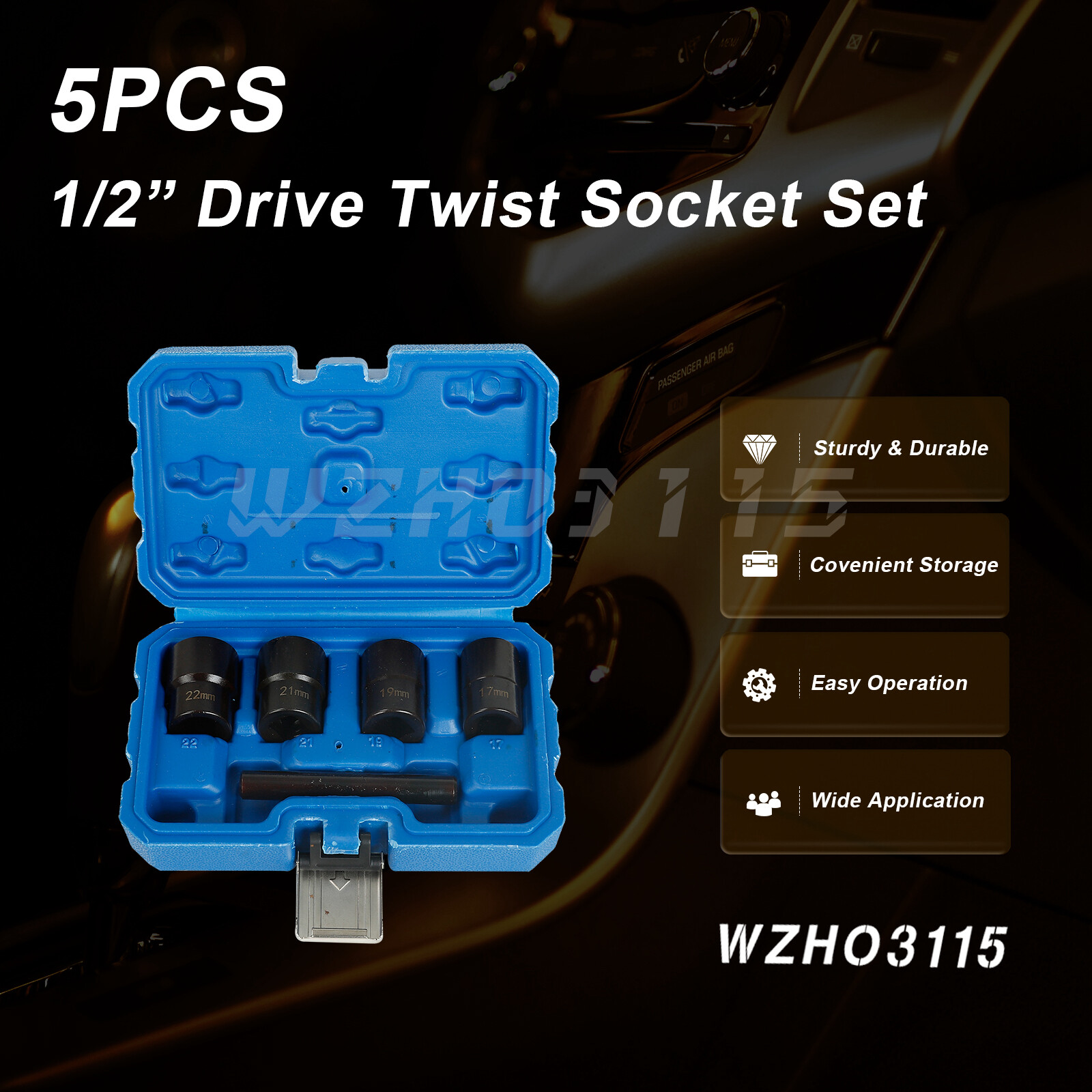 5pcs Twist Socket Wheel Lock Worn Lug Nut Remover Extractor Tool 17,19, 21, 22mm