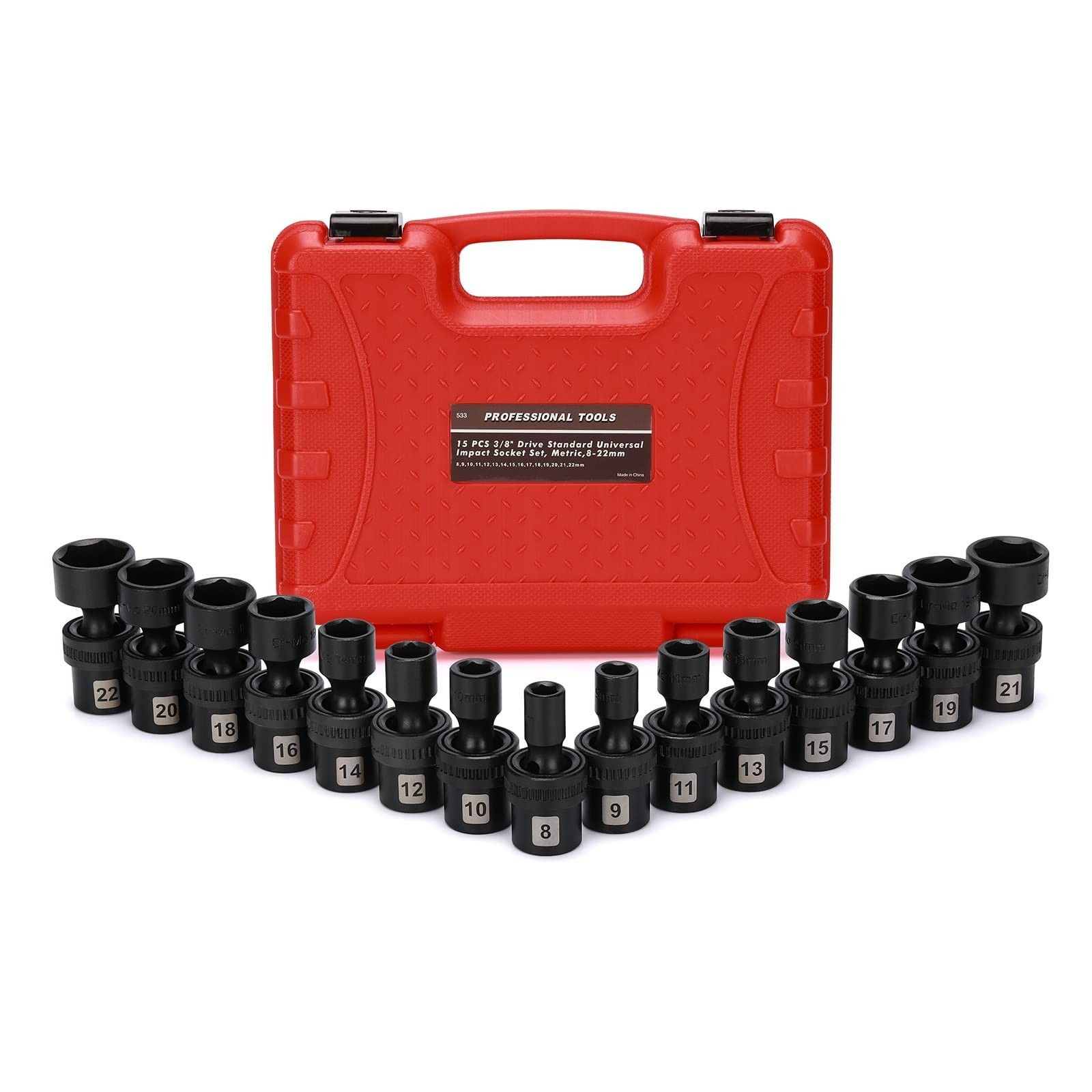 15PC 3/8″ Drive Metric Impact Socket Set, 6 Point Swivel Wobble Sockets 8-22mm