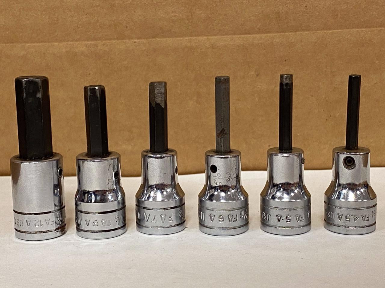 SNAP-ON 6 PC 3/8″ DRIVE HEX BIT SOCKETS (9/16″ FA4.5A- 3/8″ FA12A) USED.