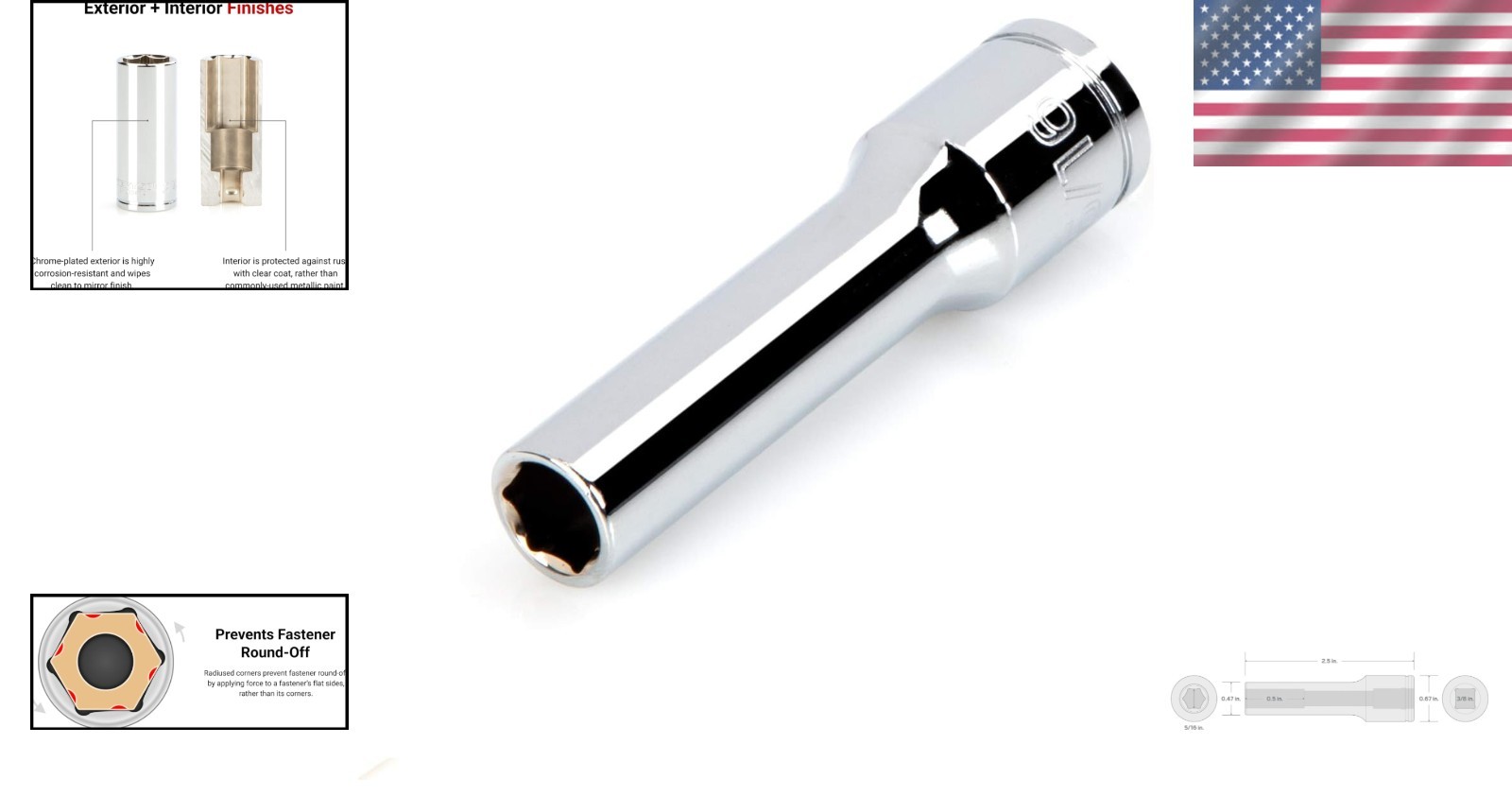 Professional Chrome Vanadium Deep Socket – 3/8 Inch Drive x 5/16 Inch Size