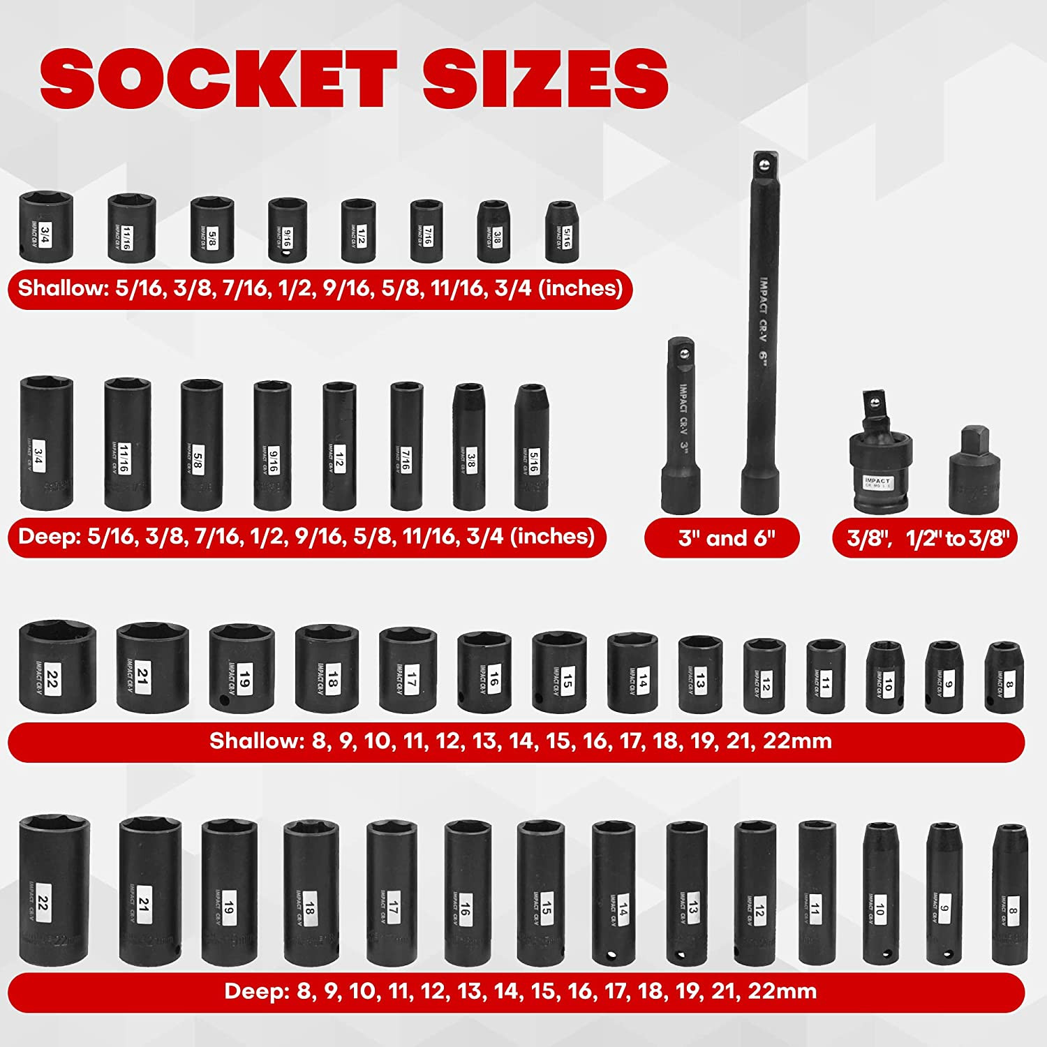 48Pcs 3/8” Drive Impact Socket Set With Case,Standard SAE & Metric,6-Point,CR-V