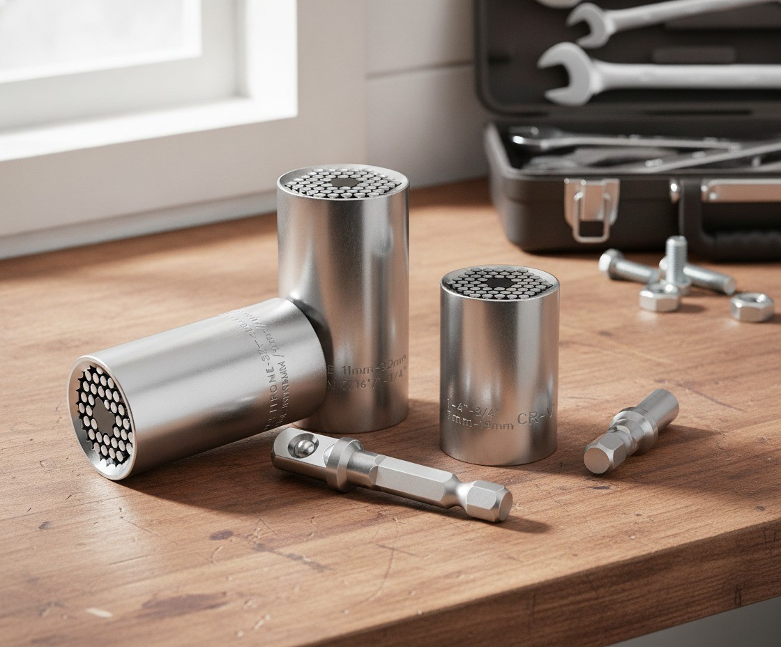Universal Socket Set, 11-32mm, 7-19mm, 3/8″ 1/2″ Adapters, Polished