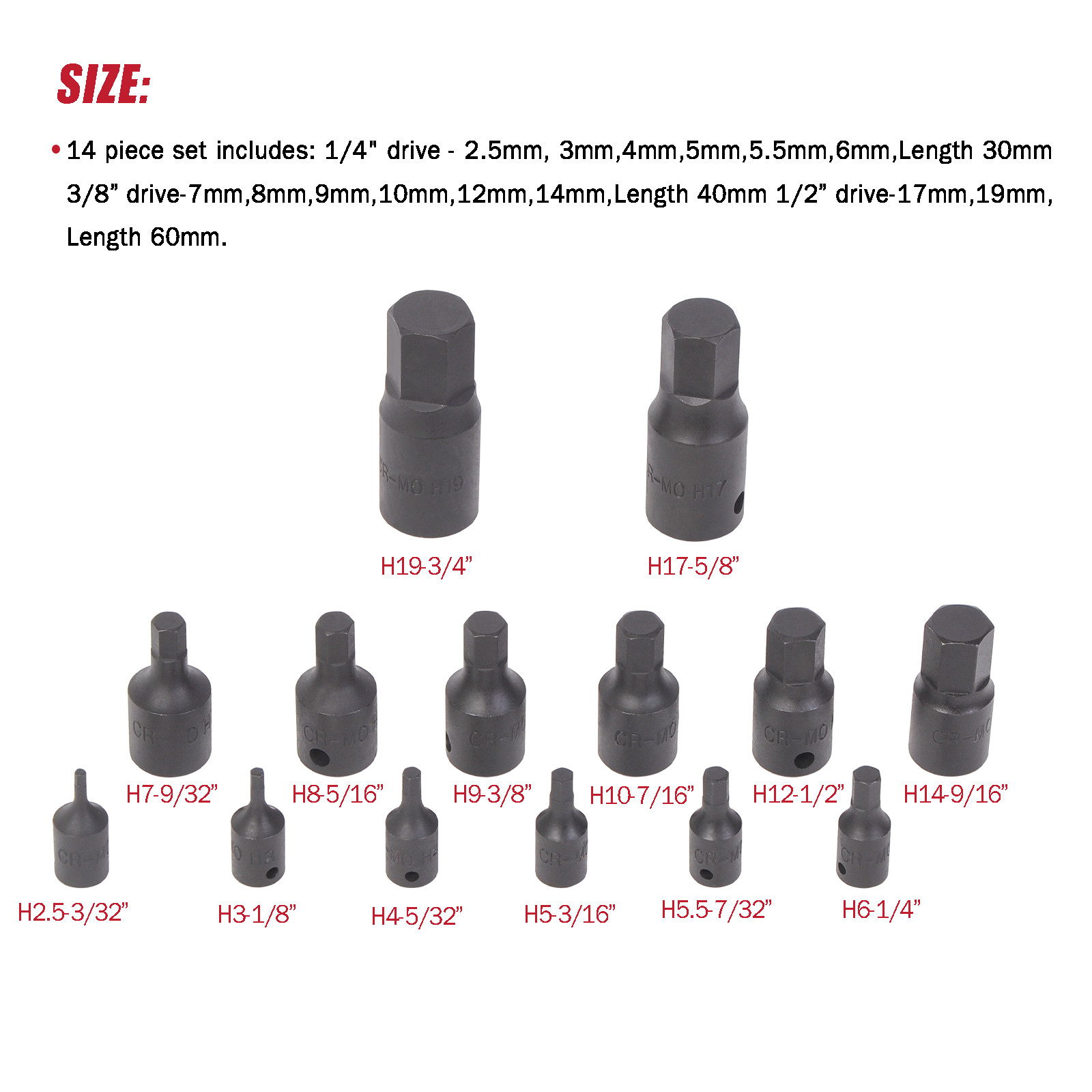 Impact Socket Hex Bits Metric Set Air Allen 1/4″ 3/8″ 1/2″ Driver Auto Tool 14pc