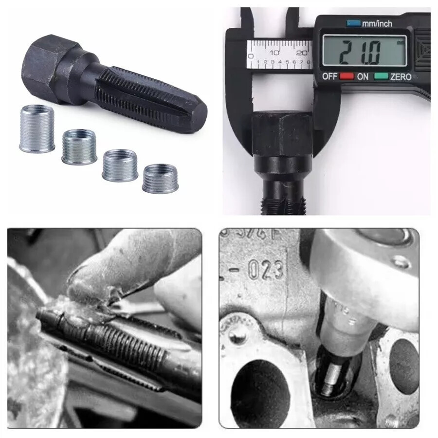 14mm Spark Plug Rethread Thread Repair Kit Helicoil Reamer Tap Tool w/ 4 Inserts