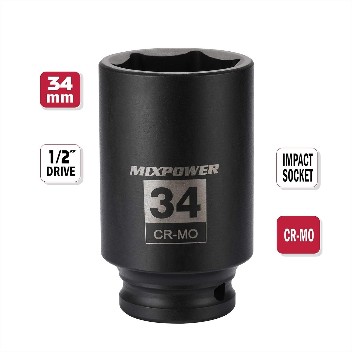 MIXPOWER 1/2″ Drive Deep Impact Socket, CR-MO, 34 mm, METRIC, 6 Point, Axle Nut