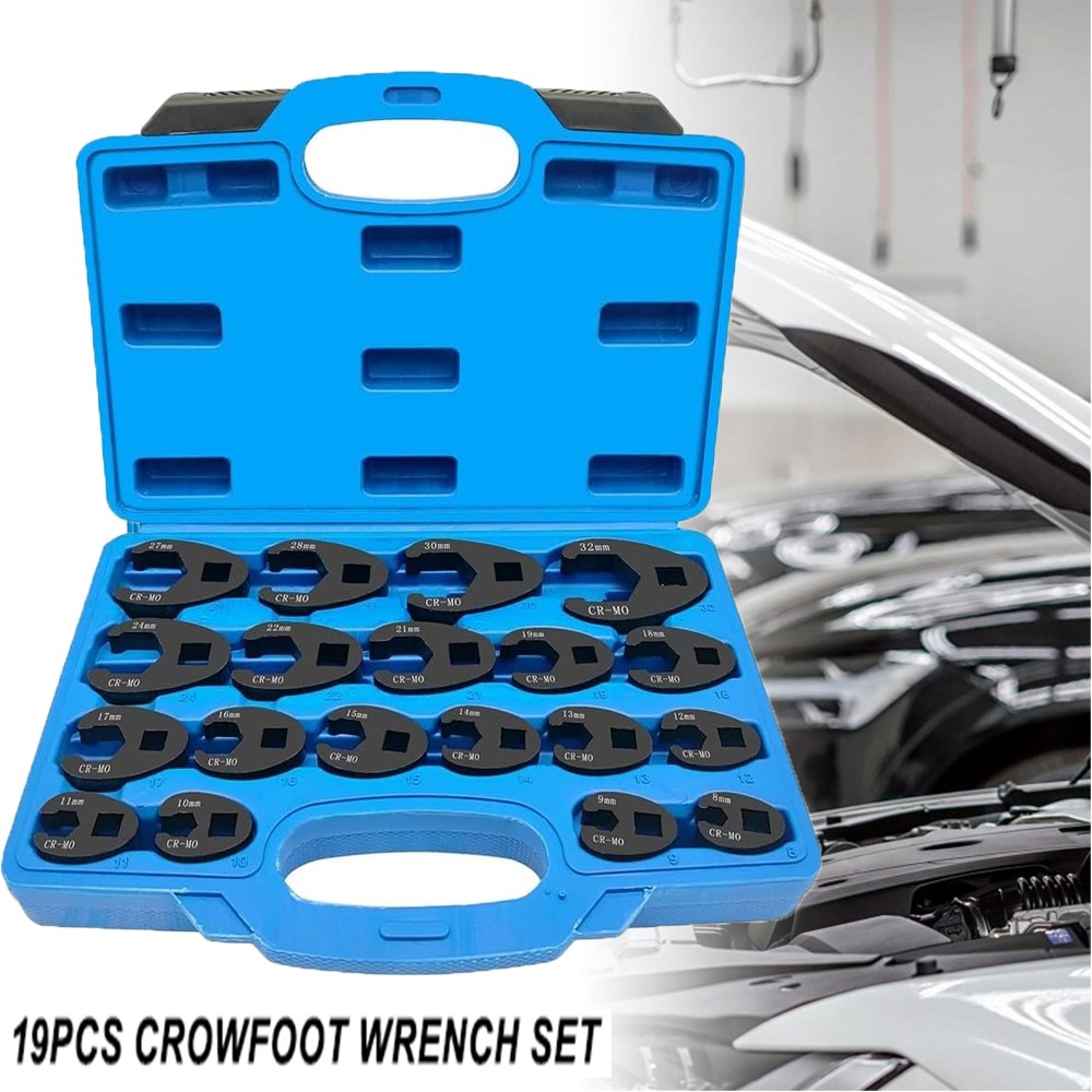 19PCS Flare Nut Crowfoot Wrench Set Metric Crows Foot Wrench Kit 3/8″ 1/2″ Drive