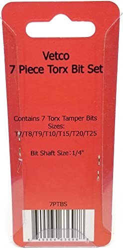 Torx Security Bit Set 7 Piece T7 T8 T9 T10 T15 T20 T25 S2 Hardened Steel 1/4