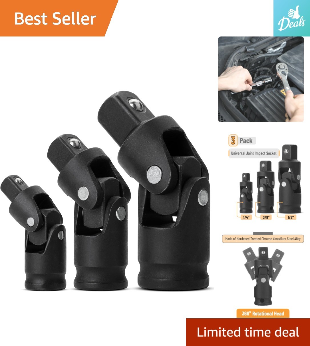 Bates 3-Piece Universal Joint Impact Socket Set, 1/4″, 3/8″, 1/2″ for Durability